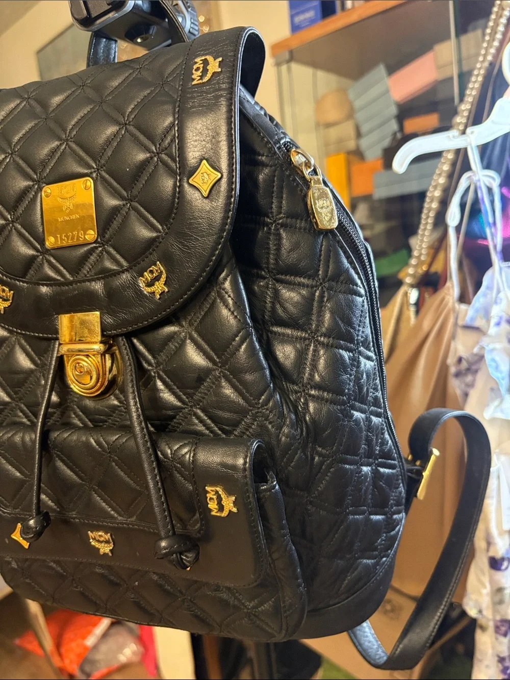 MCM Black Quilted Leather Backpack with Gold Accents